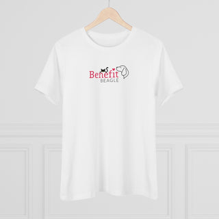 Meow Women's Premium Tee in White. Shown is front of shirt with the Benefit Beagle Logo featuring a peeping cat. The back showcases a wide eyed black cartoon cat with the phrase "Chatty Cat" above it.