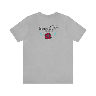 Stay Wild Premium Unisex Tee in Athletic Heather. Shown is the back of shirt with Benefit Beagle Logo complete with Tattoo Rose. On front of shirt is Stay Wild Design featuring a tattoo style rose with the phrase "Stay Wild, Play Hard" around it.