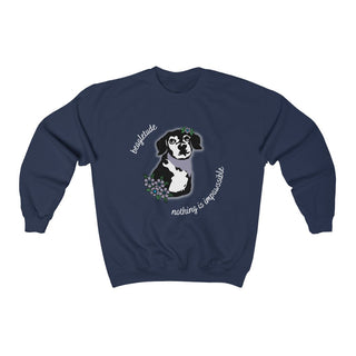 Signature Tattoo Flowers Crewneck Sweatshirt in Navy. Shown is front of shirt with the Signature Tattoo Flowers design featuring a dog with flowers around it and the phrase "Beagletude" and "Nothing is Impawssible". Back of shirt features the Benefit Beagle Logo.