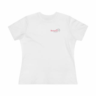 Different Pawspective Women's Premium Tee in White.  Shown is front of shirt with Benefit Beagle logo in the top corner . On the back is large colorful pawprint with the the phrase "Life is all about finding the beauty in a different pawspective" circled around it.