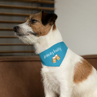 Dog wearing Beagle-Thirty Mugs Dog Collar Bandana in Blue. The Beagle-Thirty Mugs design features two dog adorned mugs clinking with the saying "Drinking buddy" above it. Comes with adjustable black collar.