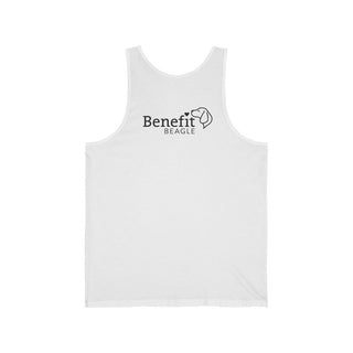 Signature Tattoo Flowers Unisex Jersey Tank in White. Shown is back of shirt with the Benefit Beagle Logo. Front of shirt has the Signature Tattoo Flowers design featuring a dog with flowers around it and the phrase "Beagletude" and "Nothing is Impawssible".