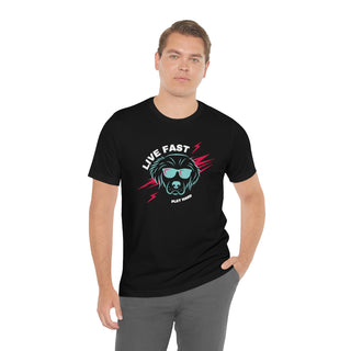 Play Hard Unisex Jersey Short Sleeve Tee Shirt in Black. The design features a cool dog with sunglasses and lightening bolts around it. The phrase "Live Fast, Play Hard" is around the design.