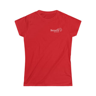 Live in the Moment Women's Softstyle Tee in Red. The Live in the Moment design features the Benefit Beagle logo in the top corner of the garment.