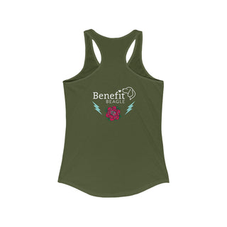 Stay Wild Women's Ideal Racerback Tank in Military Green. Shown is the back of shirt with Benefit Beagle Logo complete with Tattoo Rose. On front of shirt is Stay Wild Design featuring a tattoo style rose with the phrase "Stay Wild, Play Hard" around it.