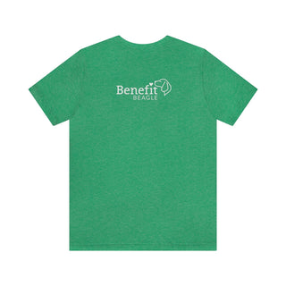 Signature Tattoo Flowers Unisex Jersey Short Sleeve Tee in Heather Kelly. Shown is back of shirt with the Benefit Beagle Logo. Front of shirt has the Signature Tattoo Flowers design featuring a dog with flowers around it and the phrase "Beagletude" and "Nothing is Impawssible".