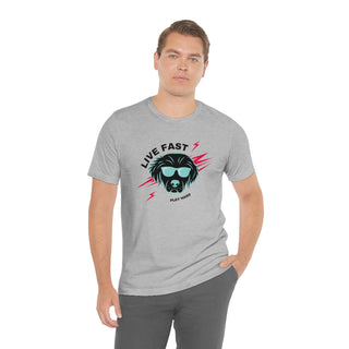 Play Hard Unisex Jersey Short Sleeve Tee Shirt in Athletic Heather. The design features a cool dog with sunglasses and lightening bolts around it. The phrase "Live Fast, Play Hard" is around the design.