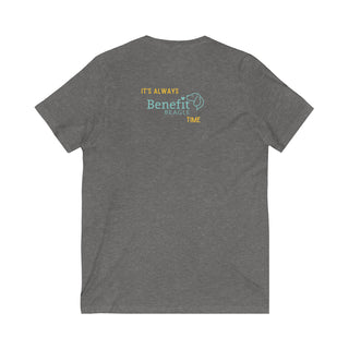 Beagle-Thirty Bottles Unisex Jersey Short Sleeve V-Neck Tee in Deep Heather. Shown is back of shirt featuring "Beagle-Thirty" Benefit Beagle Logo. The front Showcases Two Paw Labeled Bottles clinking with, "It's Beagle-Thirty" written next to it.