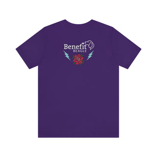 Stay Wild Premium Unisex Tee in Team Purple. Shown is the back of shirt with Benefit Beagle Logo complete with Tattoo Rose. On front of shirt is Stay Wild Design featuring a tattoo style rose with the phrase "Stay Wild, Play Hard" around it.