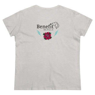Stay Wild Women's Midweight Cotton Tee in Ash. Shown is the back of shirt with Benefit Beagle Logo complete with Tattoo Rose. On front of shirt is Stay Wild Design featuring a tattoo style rose with the phrase "Stay Wild, Play Hard" around it.