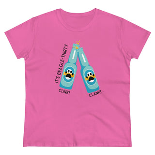 Beagle-Thirty Bottles Women's Midweight Cotton Tee in Azalea. The front of shirt showcases Two Paw Labeled Bottles clinking with the saying, "It's Beagle-Thirty". Back of shirt features corresponding Benefit Beagle Logo.