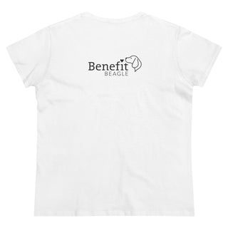 Easily Distracted Women's Midweight Cotton Tee in White. Shown is back design with the classic Benefit Beagle Logo. The front design features a dog waving with the saying "Easily Distracted by Dogs" below it.