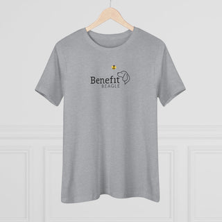 Bee Pawsitive Women's Premium Tee shirt in Athletic Heather. The front of shirt features the Bee Pawsitive Benefit Beagle Logo. The back of shirt showcases a dog dressed as a bee in a field of sunflowers with "Bee Pawsitive" written above.