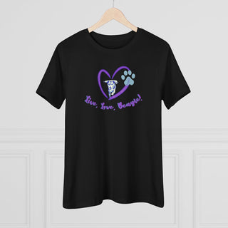 Live, Love, Beagle Women's Premium Tee in Black. The Live, Love, Beagle design features a dog running through a heart with the phrase "Live, Love, Beagle!" under it.