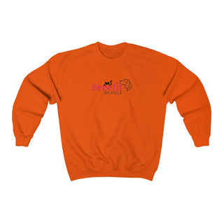 Meow Unisex Crewneck Sweatshirt in Orange. Shown is front of shirt with the Benefit Beagle Logo featuring a peeping cat. The back showcases a wide eyed black cartoon cat with the phrase "Chatty Cat" above it.