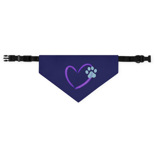 Live, Love, Beagle Dog Collar Bandana in Navy. The Live, Love, Beagle design features a heart with a paw print. Comes with black adjustable collar.