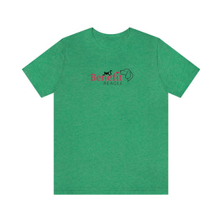 Meow Unisex Jersey Short Sleeve Tee in Heather Kelly. Shown is front of shirt with the Benefit Beagle Logo featuring a peeping cat. The back showcases a wide eyed black cartoon cat with the phrase "Chatty Cat" above it.
