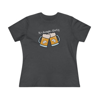 Beagle-Thirty Mugs Women's Premium Tee in Asphalt. The front of shirt showcases Two Dog Adorned Mugs clinking with the saying, "It's Beagle-Thirty" above it. Back of shirt features corresponding Benefit Beagle Logo.