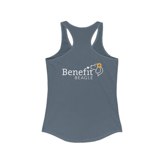You are my Sunshine Women's Racerback Tank in Indigo. Shown is back of shirt featuring the Sunflower Benefit Beagle Logo. The front showcases a sunflower which is split down the middle and half is made out of paw prints. Underneath is the phrase "You are my Sunshine".