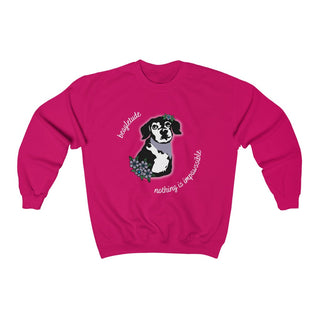 Signature Tattoo Flowers Crewneck Sweatshirt in Heliconia. Shown is front of shirt with the Signature Tattoo Flowers design featuring a dog with flowers around it and the phrase "Beagletude" and "Nothing is Impawssible". Back of shirt features the Benefit Beagle Logo.