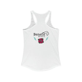 Stay Wild Women's Ideal Racerback Tank in White.  Shown is the back of shirt with Benefit Beagle Logo complete with Tattoo Rose. On front of shirt is Stay Wild Design featuring a tattoo style rose with the phrase "Stay Wild, Play Hard" around it.