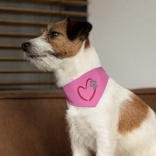 Dog wearing the Live, Love, Beagle Dog Collar Bandana in Pink. The Live, Love, Beagle design features a heart with a paw print. Comes with black adjustable collar.
