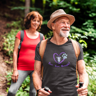 Live, Love, Beagle Unisex Jersey Short Sleeve Tee in Dark Grey Heather. The Live, Love, Beagle design features a dog running through a heart with the phrase "Live, Love, Beagle!" under it.