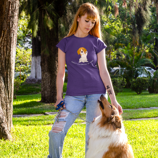 Easily Distracted Unisex Jersey Short Sleeve Tee in Team Purple. Shown is front  design featuring a dog waving with the saying "Easily Distracted by Dogs" below it. The back of shirt has the classic Benefit Beagle Logo.