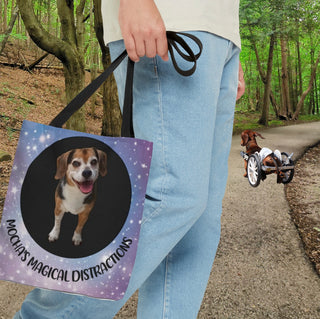 Person holding Customizable Tote Bag with Specially Abled Dog on Path