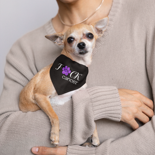 Black bandana with words FCK Cancer with purple pawprint for the U being modeled by a Chihuahua