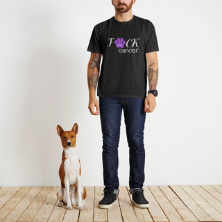 Man wearing black tshirt that states F*ck cancer but the * is a pawprint with Benefit Beagle's Logo on the inside