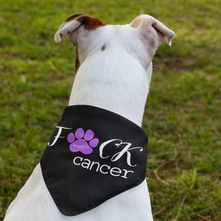 Black bandana with words FCK Cancer with purple pawprint for the U being modeled by a large dog