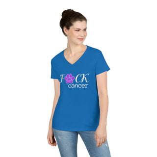 Lady wearing royal blue ladies Vneck tshirt that states F*ck cancer but the * is a pawprint with Benefit Beagle's Logo on the inside