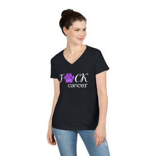 Lady wearing black ladies Vneck tshirt that states F*ck cancer but the * is a pawprint with Benefit Beagle's Logo on the inside