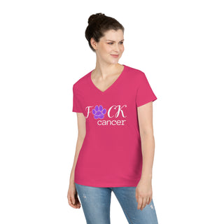 Lady wearing hot pink ladies Vneck tshirt that states F*ck cancer but the * is a pawprint with Benefit Beagle's Logo on the inside