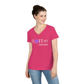 Lady wearing hot pink ladies Vneck tshirt that states Fl*ff Off cancer but the * is a pawprint with Benefit Beagle's Logo on the inside