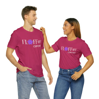 Couple wearing hot pink tshirt that states Fl*ff Off cancer but the * is a pawprint with Benefit Beagle's Logo on the inside