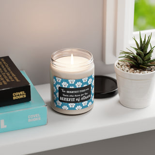 Brightest Stars scented soy candle 9oz. The Brightest Star design features an all-over print of pawprints and a nautical star and the phrase "The brightest stars are those who shine for the benefit of others"  Available in White Sage + Lavender, Clean Cotton, or Sea Salt + Orchid