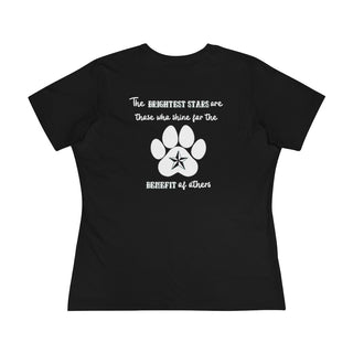 Brightest Star women's premium Tee shirt in black. The Brightest Star design features a design on the back with the phrase "The brightest stars are those who shine for the benefit of others" with a pawprint and a nautical star.