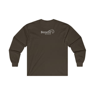 Easily Distracted Ultra Cotton Long Sleeve Tee in Dark Chocolate. Shown is back design with the classic Benefit Beagle Logo. The front design features a dog waving with the saying "Easily Distracted by Dogs" below it.