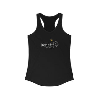 Bee Pawsitive Women's Racerback Tank shirt in Black. The front of shirt features the Bee Pawsitive Benefit Beagle Logo. The back of shirt showcases a dog dressed as a bee in a field of sunflowers with "Bee Pawsitive" written above.