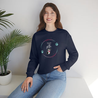 Dog Hair is my Glitter Unisex Crewneck in Navy. The Dog Hair is my Glitter design features a dog with the phrase "Dog Hair is my Glitter" above it and it is surrounded by a circle with paw prints.