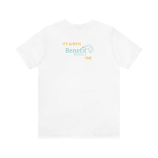 Beagle-Thirty Bottles Unisex Jersey Short Sleeve Tee in White. Shown is back of shirt featuring "Beagle-Thirty" Benefit Beagle Logo. The front Showcases Two Paw Labeled Bottles clinking with, "It's Beagle-Thirty" written next to it.