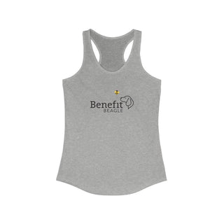 Bee Pawsitive Women's Racerback Tank shirt in Heather Grey. The front of shirt features the Bee Pawsitive Benefit Beagle Logo. The back of shirt showcases a dog dressed as a bee in a field of sunflowers with "Bee Pawsitive" written above.