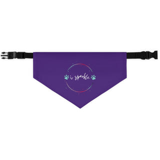 Dog Hair is my Glitter Dog Collar Bandana in Purple. The Dog Hair is my Glitter design features the phrase "I sparkle" inside a circle with paw prints. Comes with black adjustable collar.