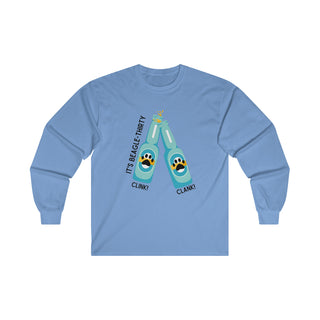 Beagle-Thirty Bottles Unisex Ultra Cotton Long Sleeve Tee in Carolina Blue. The front of shirt showcases Two Paw Labeled Bottles clinking with the saying, "It's Beagle-Thirty". Back of shirt features corresponding Benefit Beagle Logo.