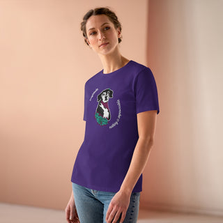 Signature Tattoo Roses Women's Premium Tee in Purple. Shown is front of shirt with the Signature Tattoo Roses design featuring a dog with roses around it and the phrase "Beagletude" and "Nothing is Impawssible". Back of shirt features the Benefit Beagle Logo.