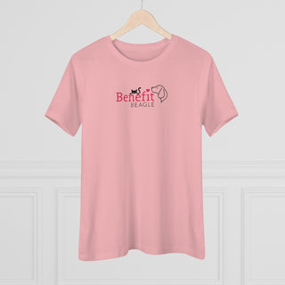 Meow Women's Premium Tee in Pink. Shown is front of shirt with the Benefit Beagle Logo featuring a peeping cat. The back showcases a wide eyed black cartoon cat with the phrase "Chatty Cat" above it.