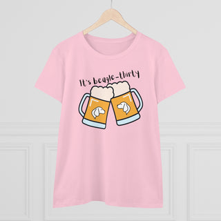 Beagle-Thirty Mugs Women's Midweight Cotton Tee in Pink. The front of shirt showcases Two Dog Adorned Mugs clinking with the saying, "It's Beagle-Thirty" above it. Back of shirt features corresponding Benefit Beagle Logo.