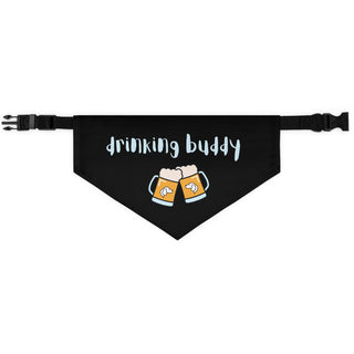 Beagle-Thirty Mugs Dog Collar Bandana in Black. The Beagle-Thirty Mugs design features two dog adorned mugs clinking with the saying "Drinking buddy" above it. Comes with adjustable black collar.